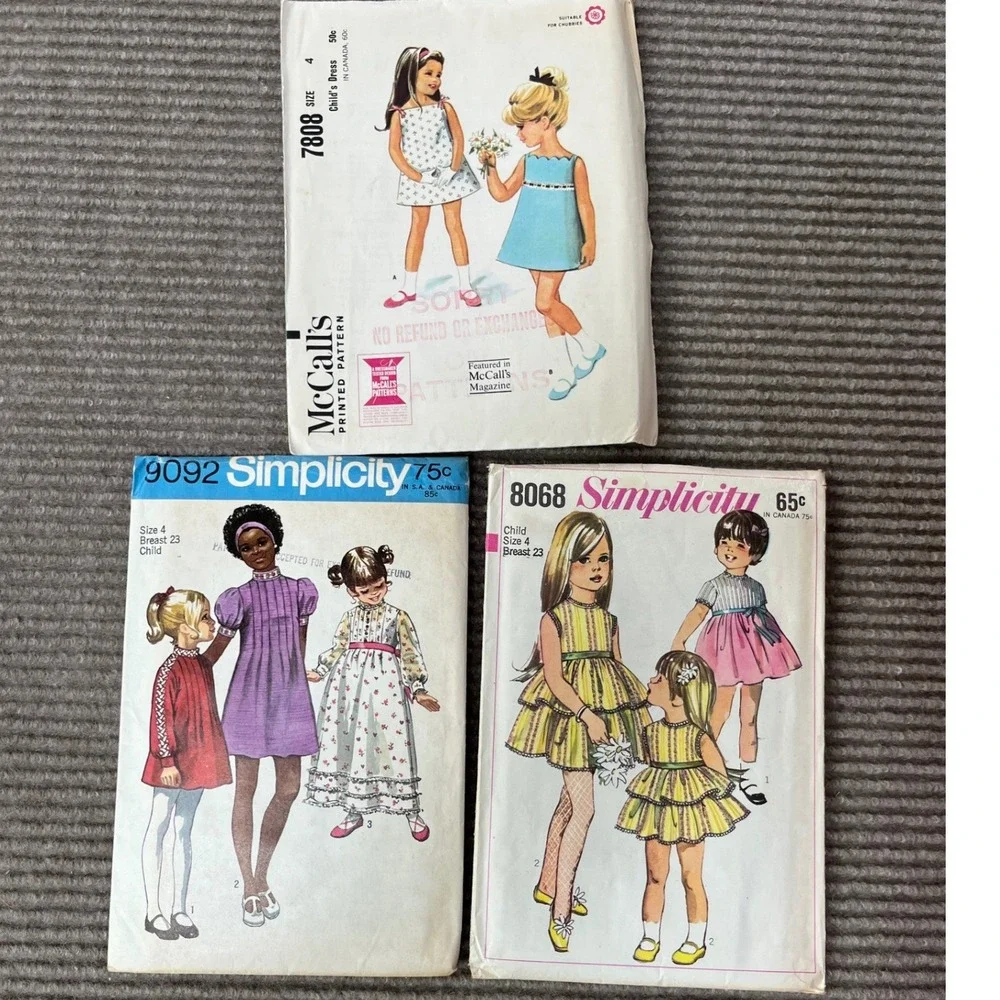 Vintage Girls Dress Sewing Patterns Lot Simplicity 9092 8068 McCalls 7808 Size 4